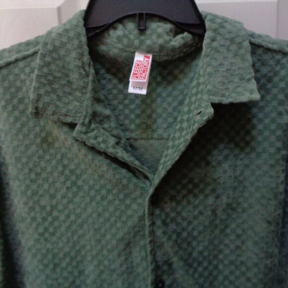 Fleece Factory Terry Cloth Men's Shirt Button Up Green Check Medium - Picture 3 of 3